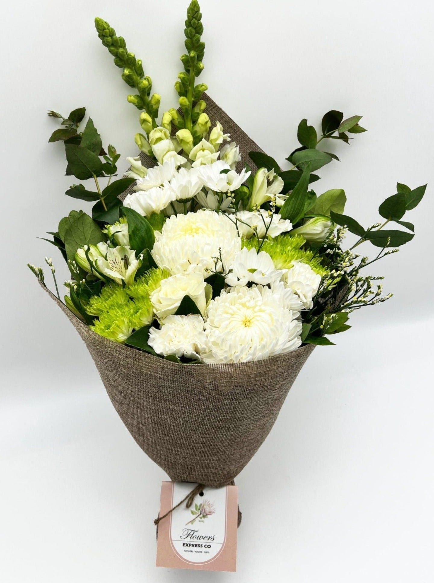 A bouquet of white and green flowers on a white background, wrapped by jute and made by Flowers Express Co in Melbourne.