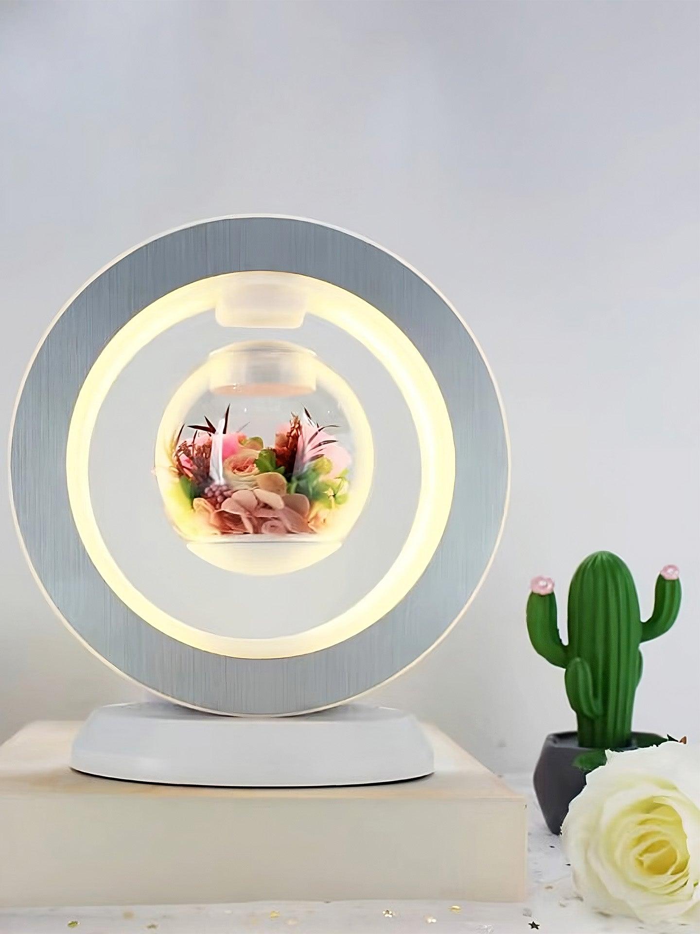 A preserved flower bowl is floating in the middle of an aluminium ring. Available in Melbourne.