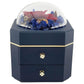Preserved red roses and blue hydrangea petals in a navy jewellery duo-drawer box, available for same-day delivery in Melbourne, VIC, Australia.