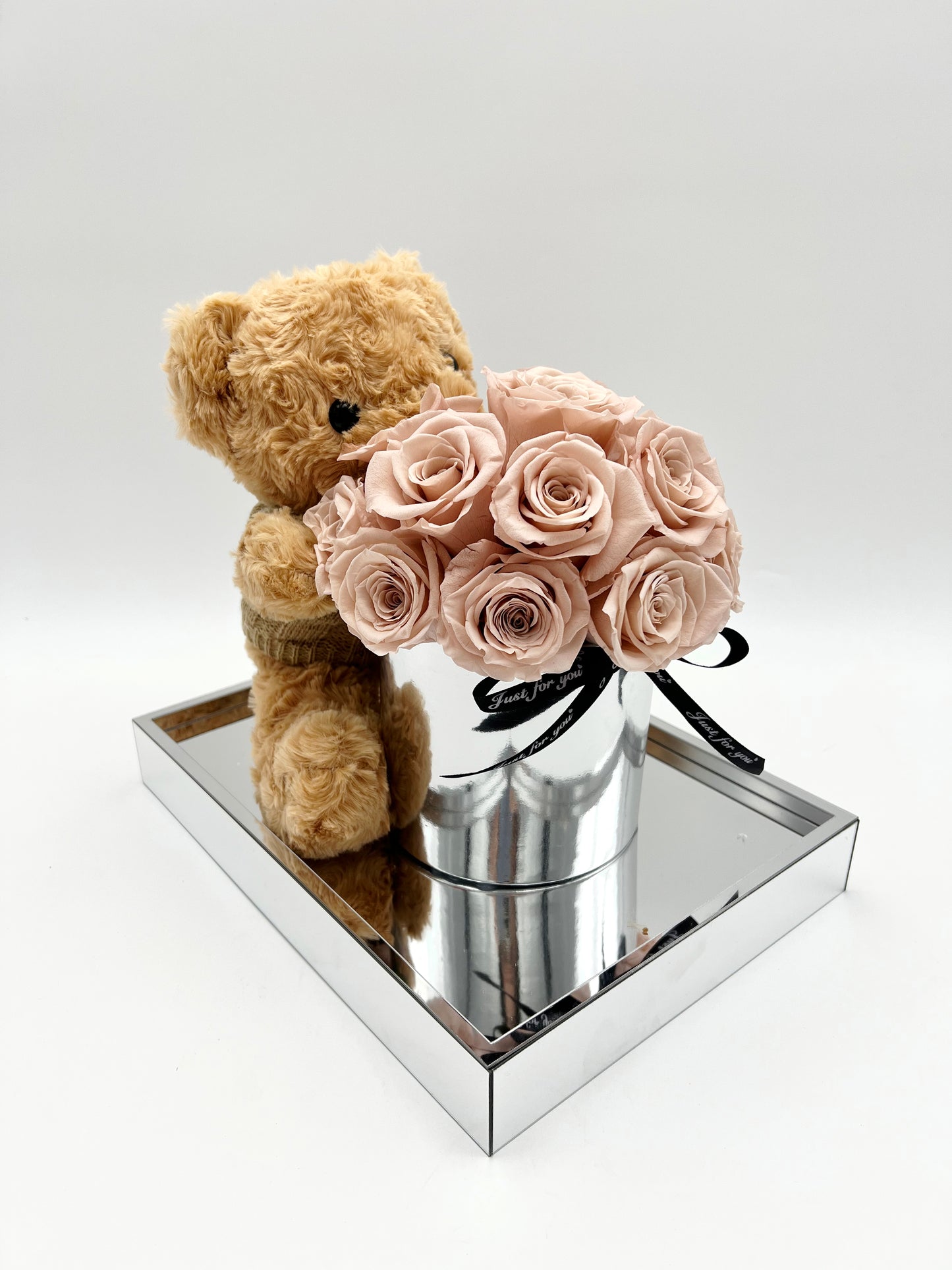 Everlasting Cappuccino Roses & Bear with Free Display Box