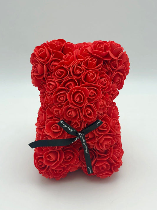 A teddy bear made of vibrant red roses, handcrafted, delivering in Melbourne by Flowers Express Co.