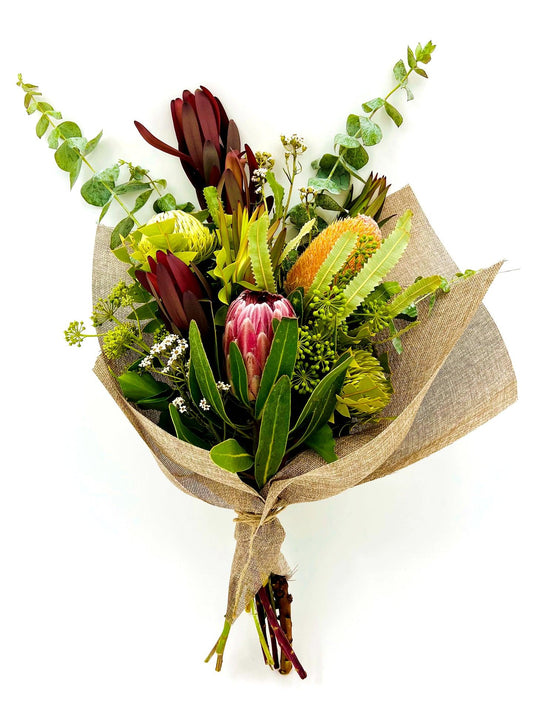 Stunning Native Mix Bouquet Medium with protea, banksias, and eucalyptus in Melbourne.