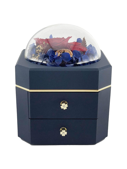 Preserved red roses and blue hydrangea petals in a navy jewellery duo-drawer box, available for same-day delivery in Melbourne, VIC, Australia.